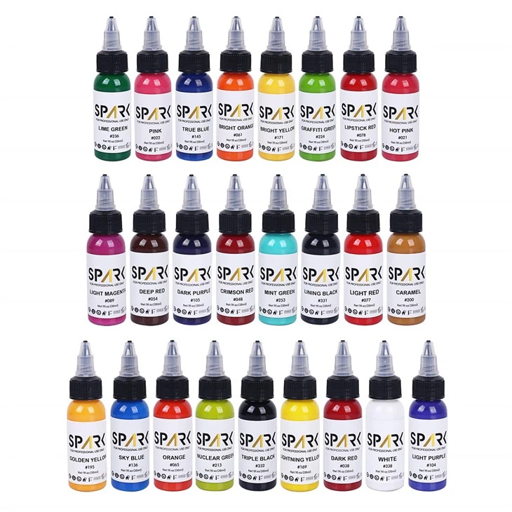 Spark 25 pudelit tätoveeringu tindi komplekt 1oz 30 ml 25tcs komplekti kohta 66 värvi tätoveerimiseks